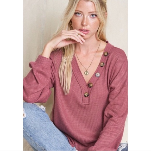 Waffle Knit Top With Button Detail - Picture 3 of 3